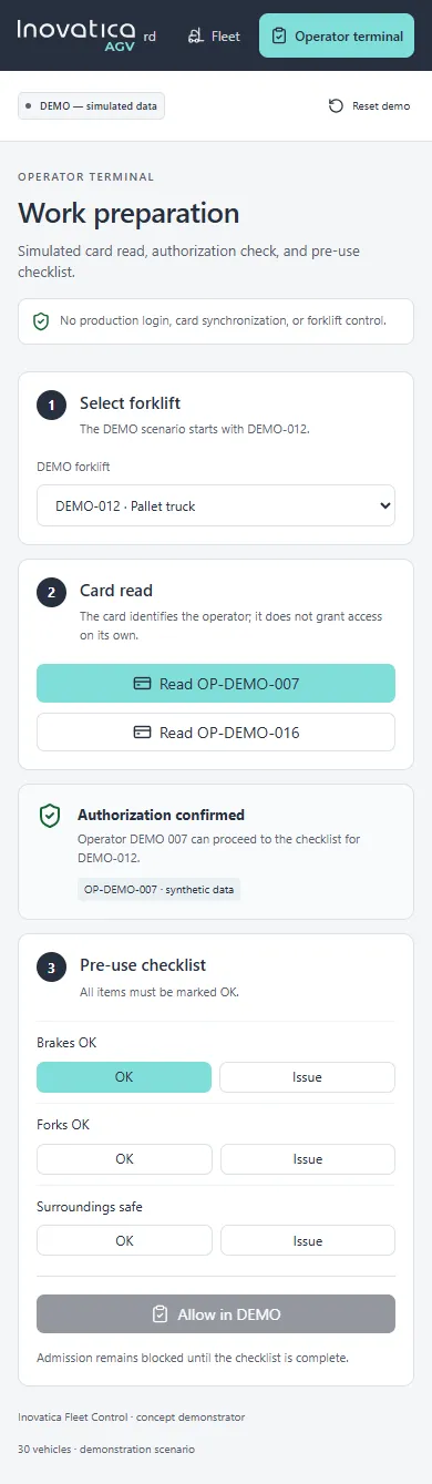Full mobile screenshot of the Fleet Control demo operator terminal and pre-operation checklist