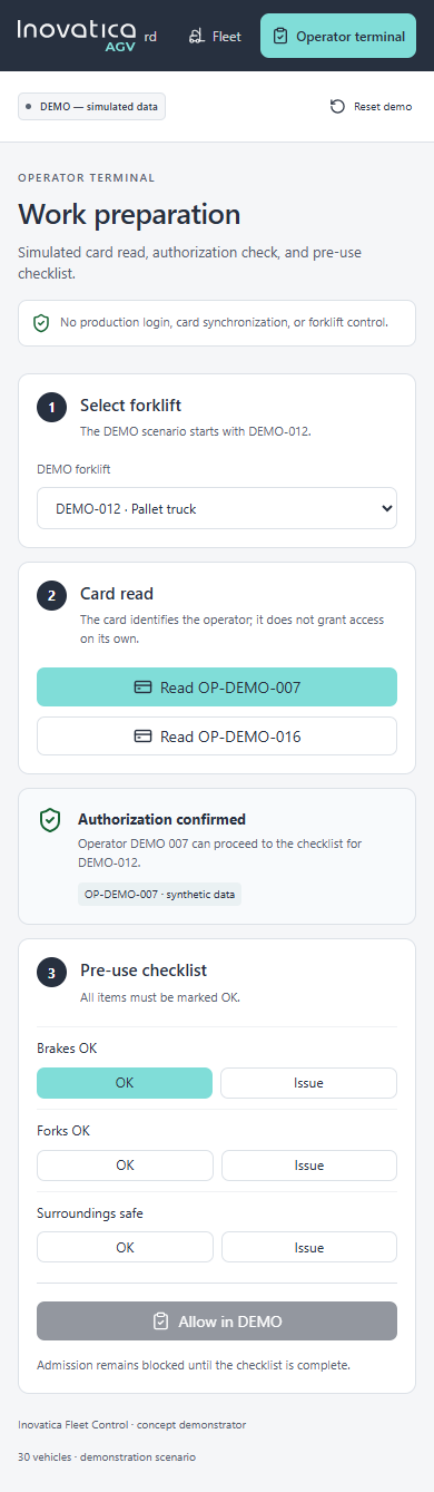 Full mobile screenshot of the Fleet Control demo operator terminal and pre-operation checklist