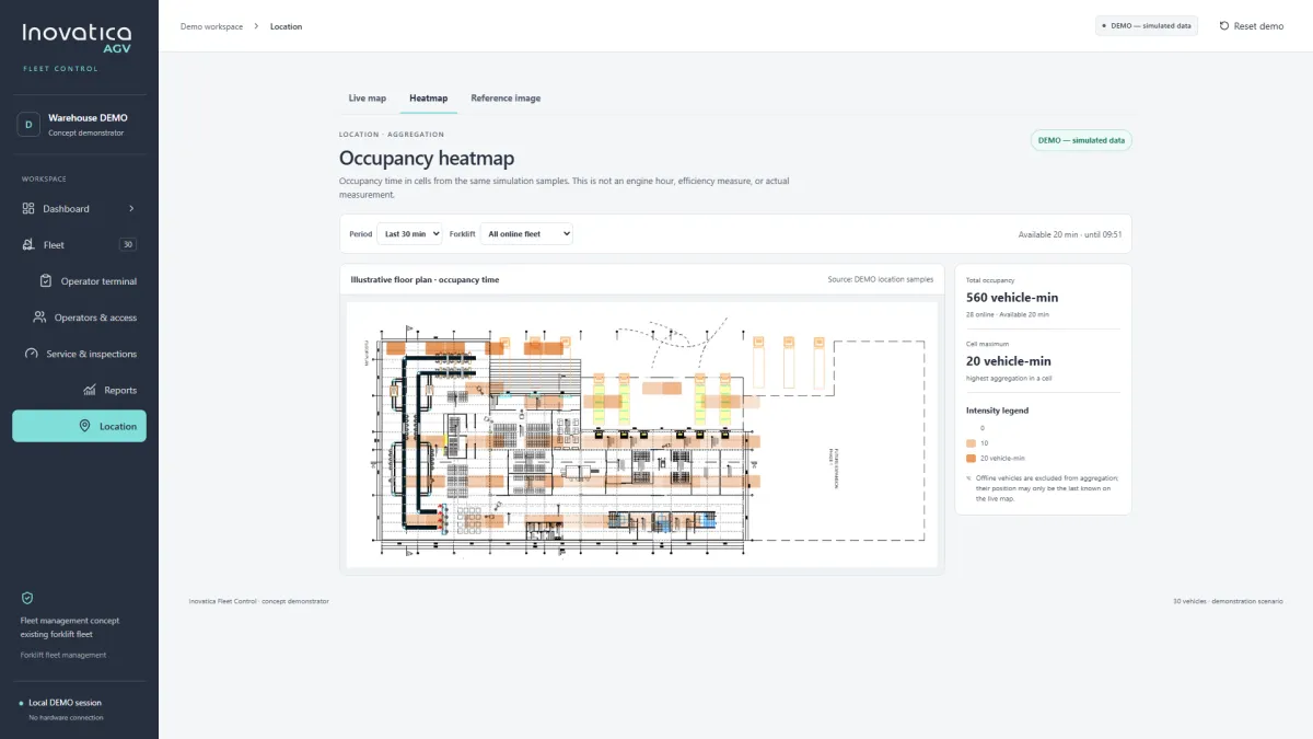 Fleet Control occupancy heatmap with orange cells and a vehicle-minute legend over the full illustrative floor plan