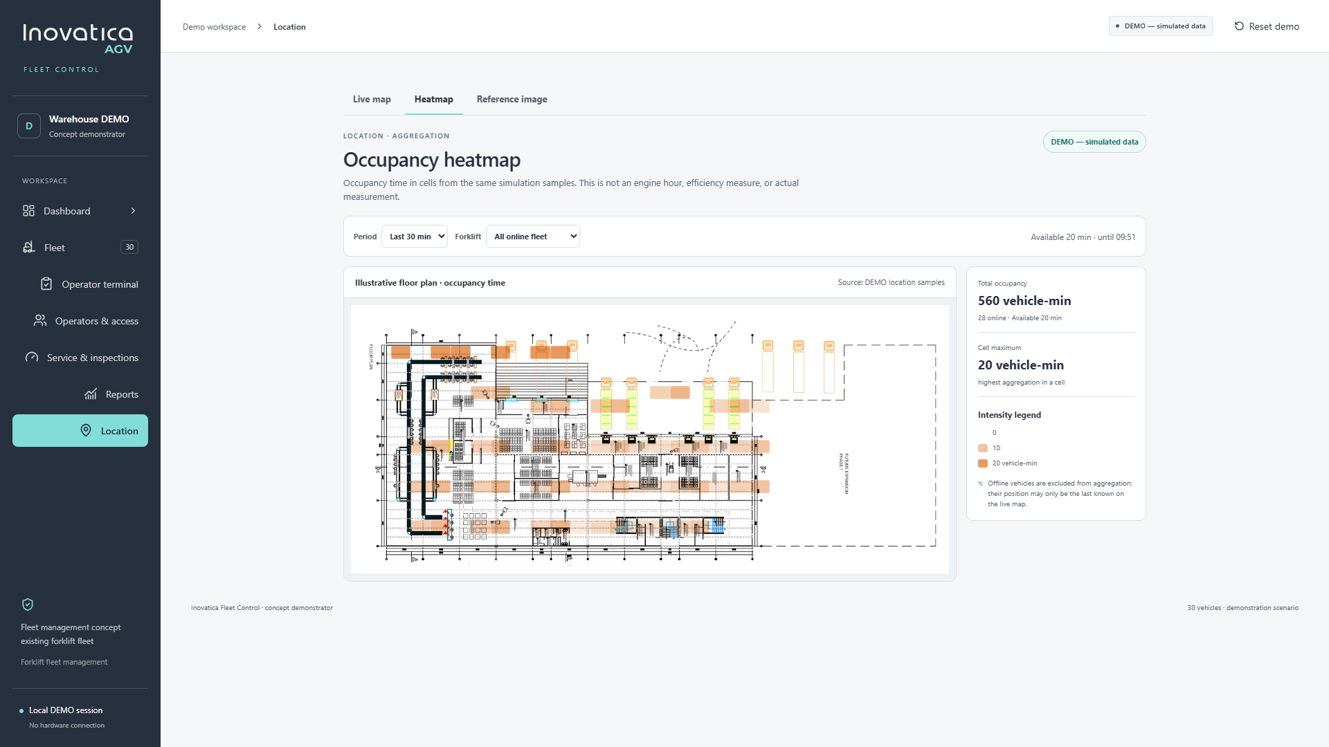 Fleet Control occupancy heatmap with orange cells and a vehicle-minute legend over the full illustrative floor plan