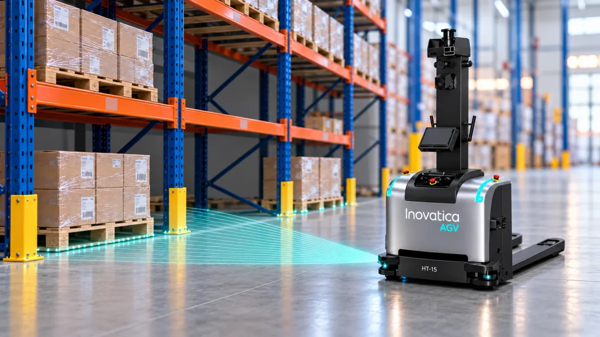 Illustration of an Inovatica AGV robot using side LiDAR to scan pallet locations beside warehouse racks