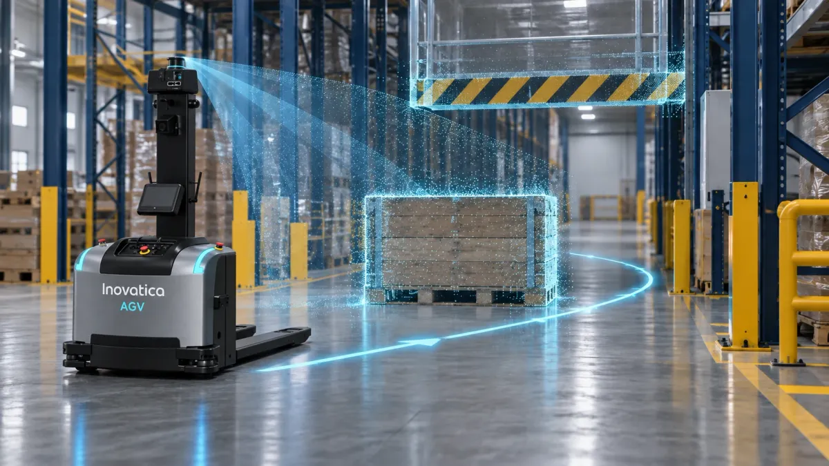 AGV detects a pallet and overhead barrier with a 3D camera and plans a detour