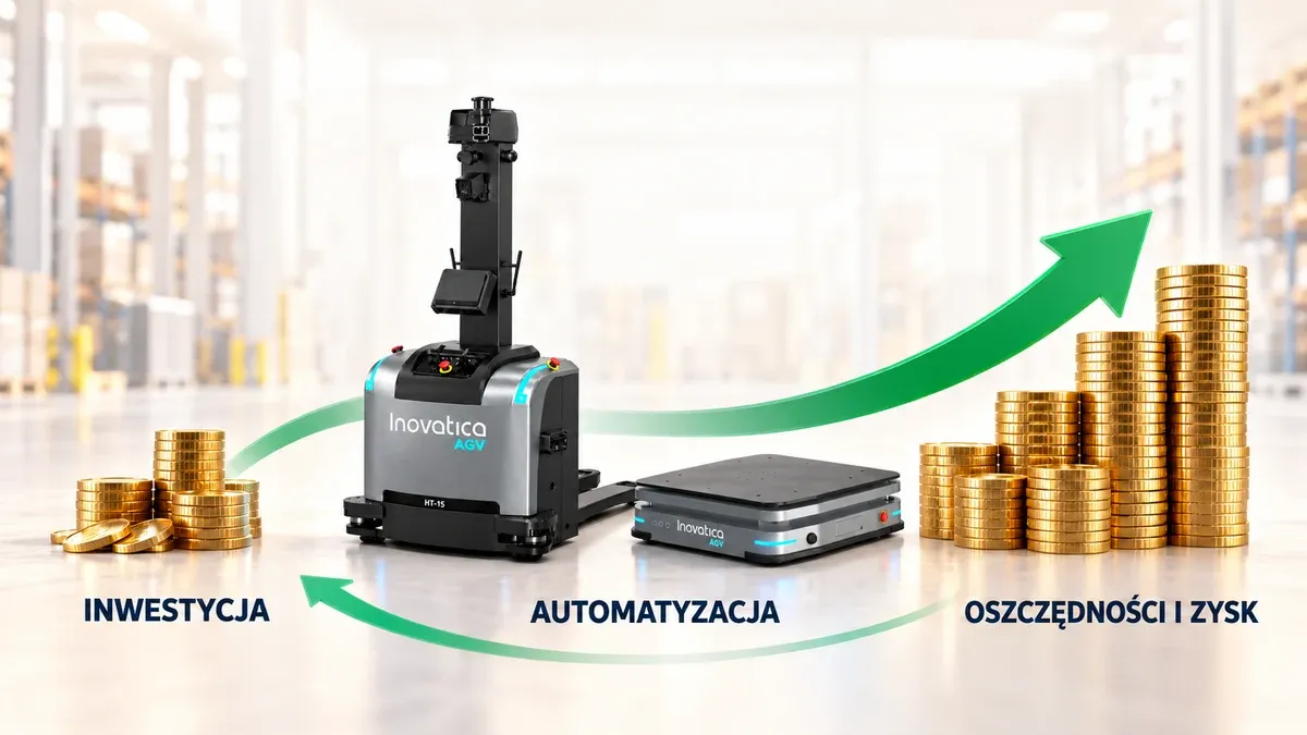 Schemat ROI: inwestycja w roboty, automatyzacja transportu oraz oszczędności i zysk