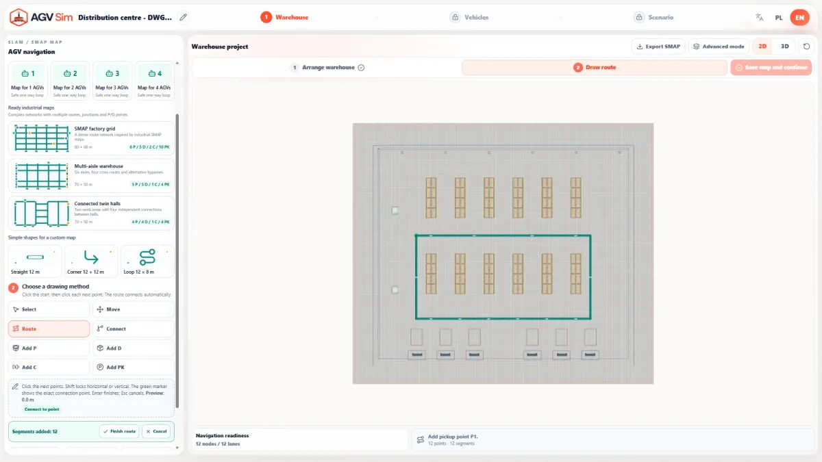 AGV Sim — drawing vehicle routes on a warehouse plan