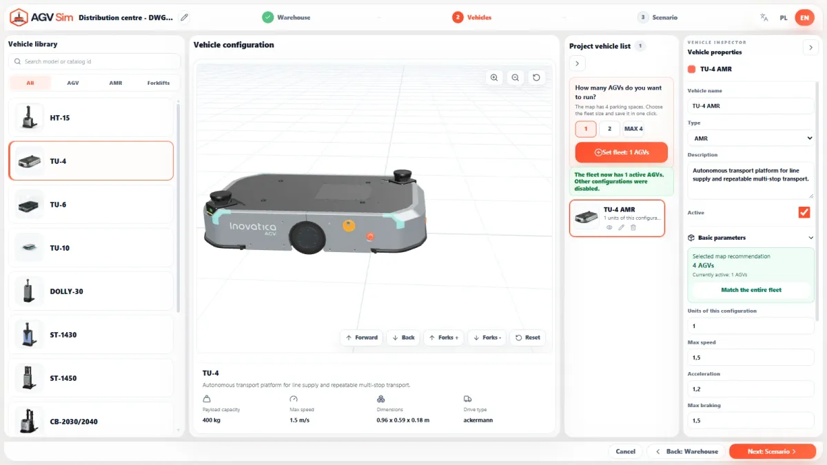 AGV Sim — vehicle library and TU-4 model preview