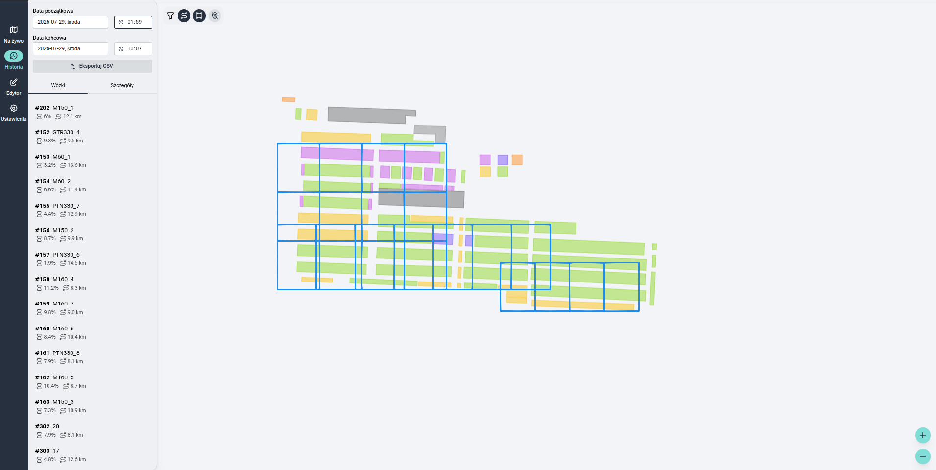 Historical route and work-area analysis for forklifts on the plant map