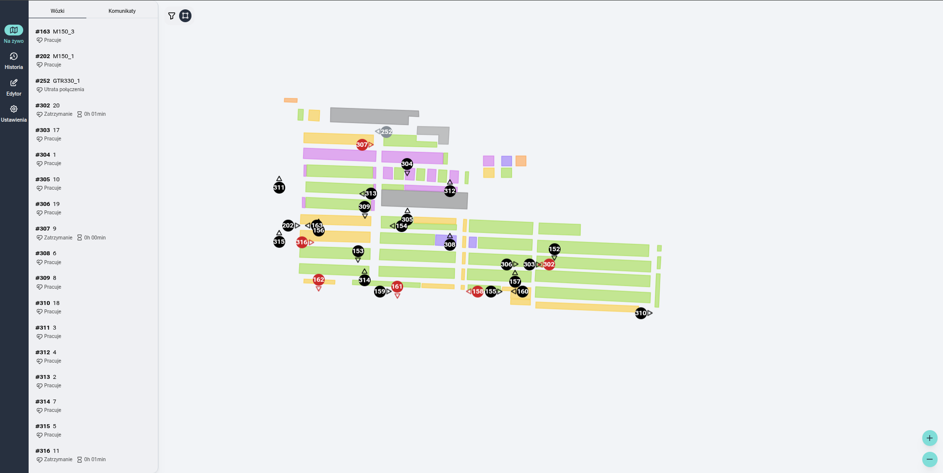 AGV Insight live map showing plant layout and forklift positions