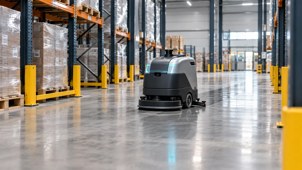 Autonomous floor scrubber cleans a warehouse aisle
