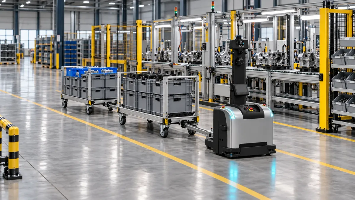 Autonomous tugger delivers component bins to a production line