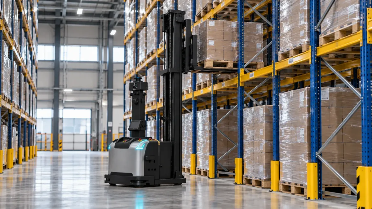 Autonomous reach truck places a pallet on a high-bay warehouse rack