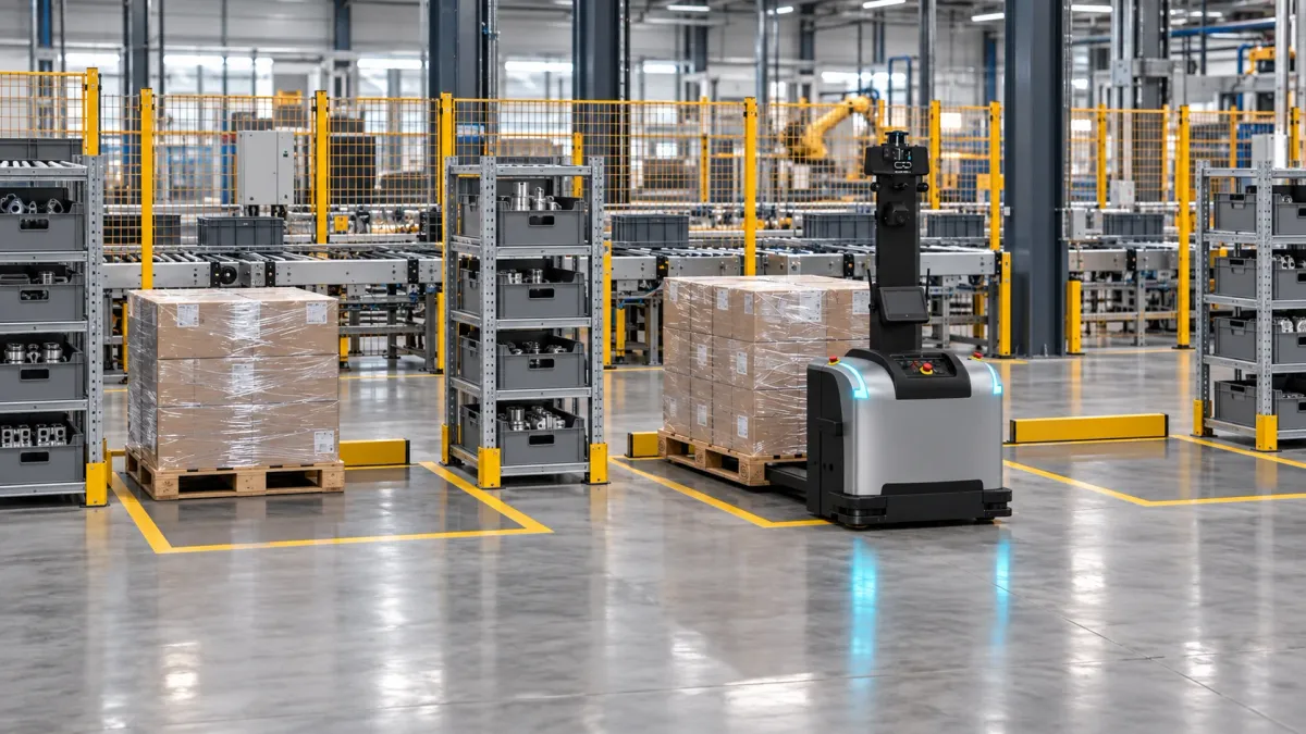 AGV handles pallets in marked production buffer positions