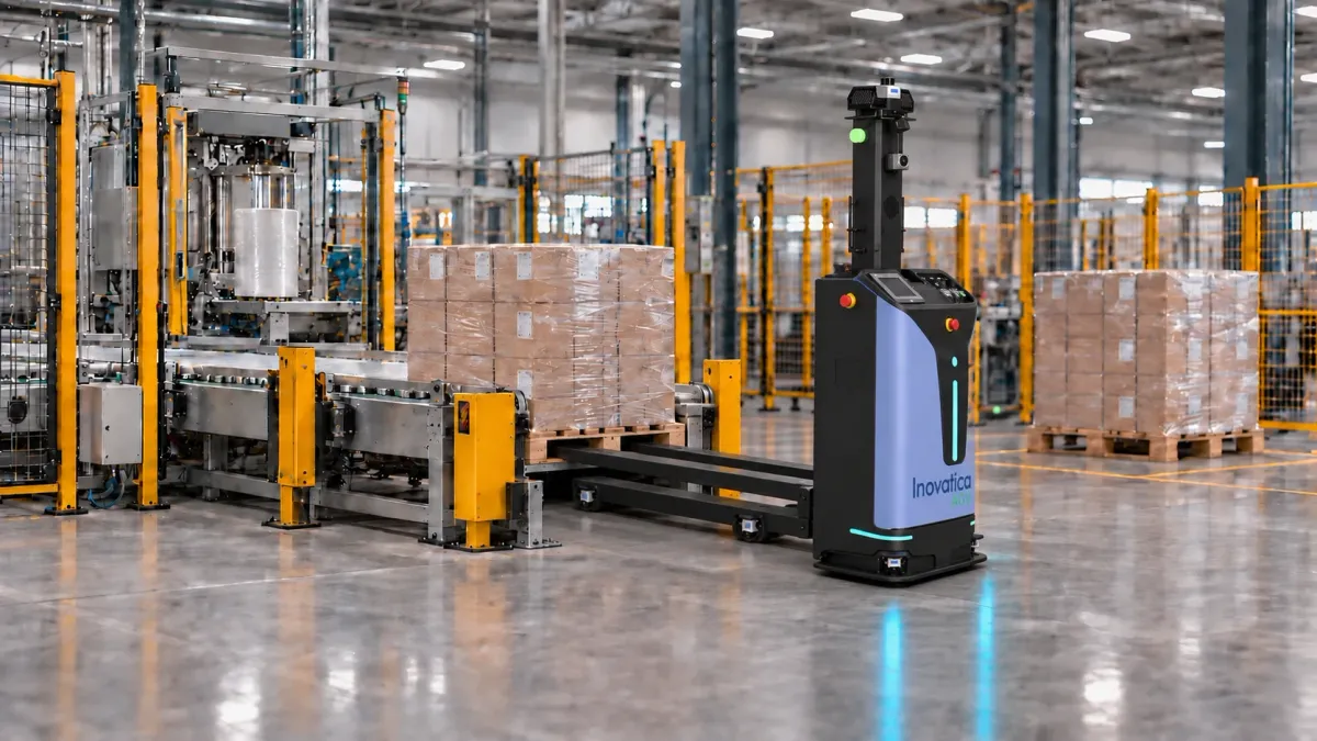 AGV approaches a pallet of finished goods at the end of a production line