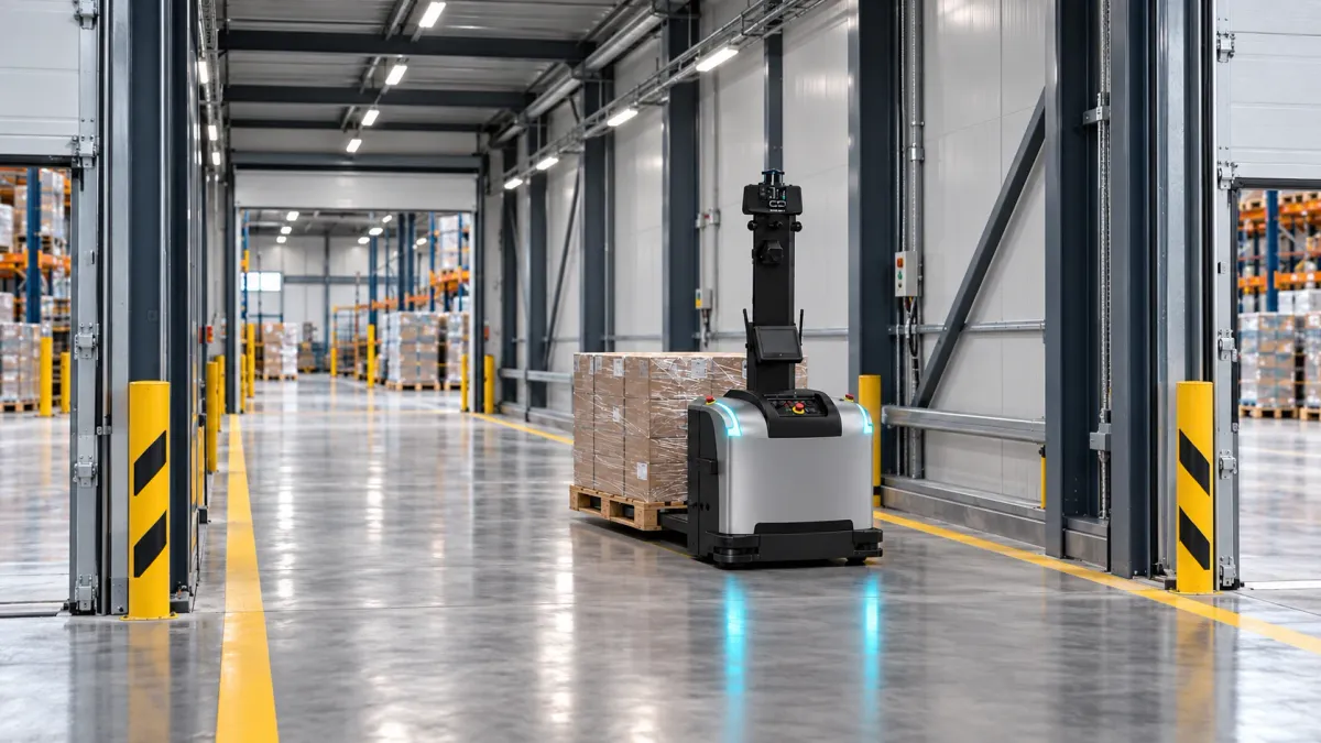 AGV transports a pallet through a corridor connecting two industrial halls