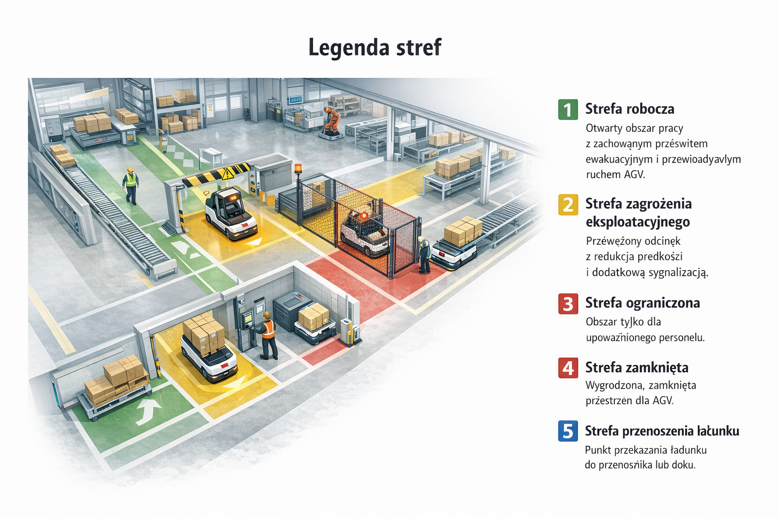 Ilustracja hali z trasami AGV, strefami bezpieczeństwa, przenośnikami i wygrodzoną strefą pracy.