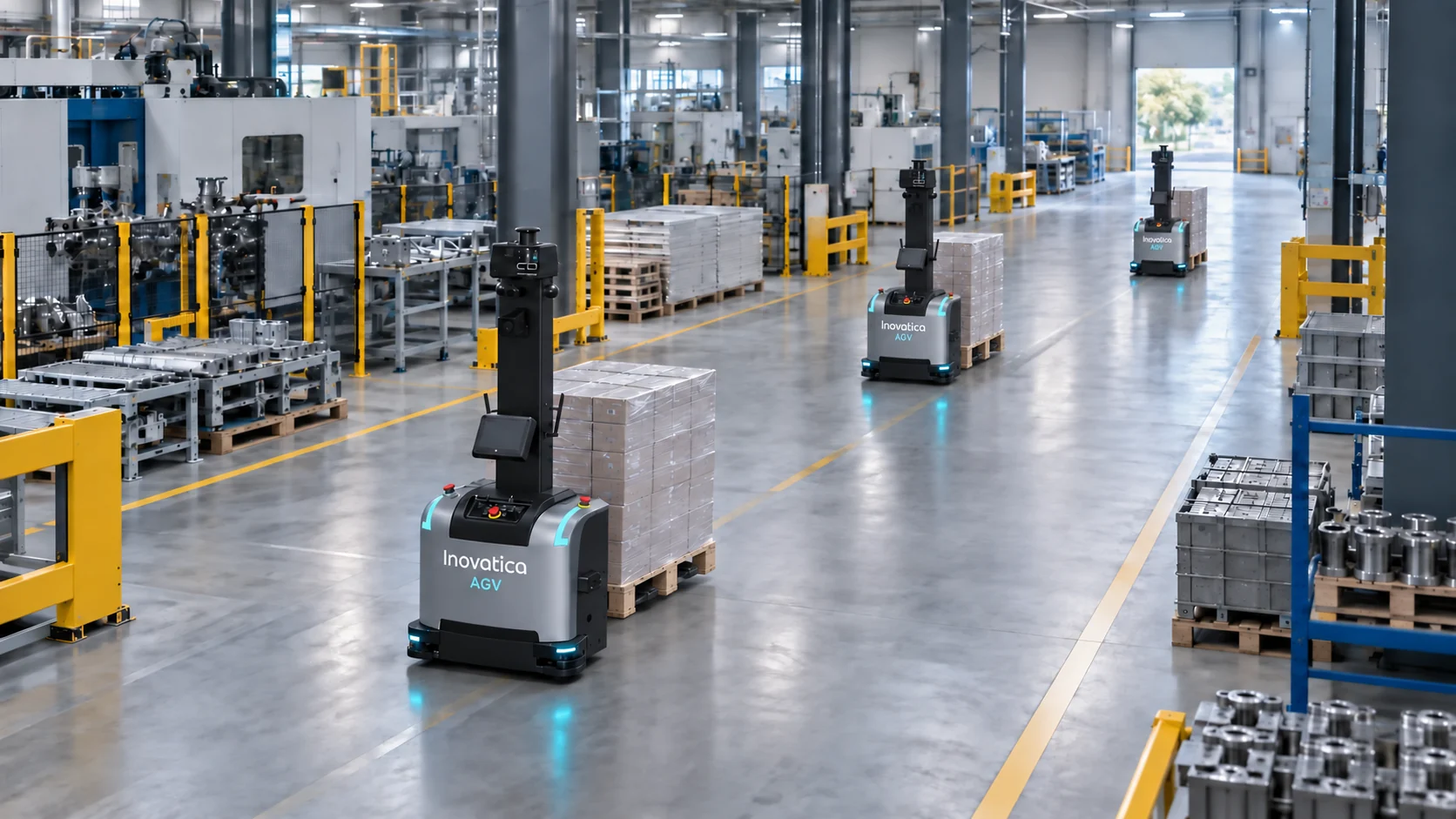 Trzy autonomiczne wózki AGV realizujące zadania transportowe w hali produkcyjnej