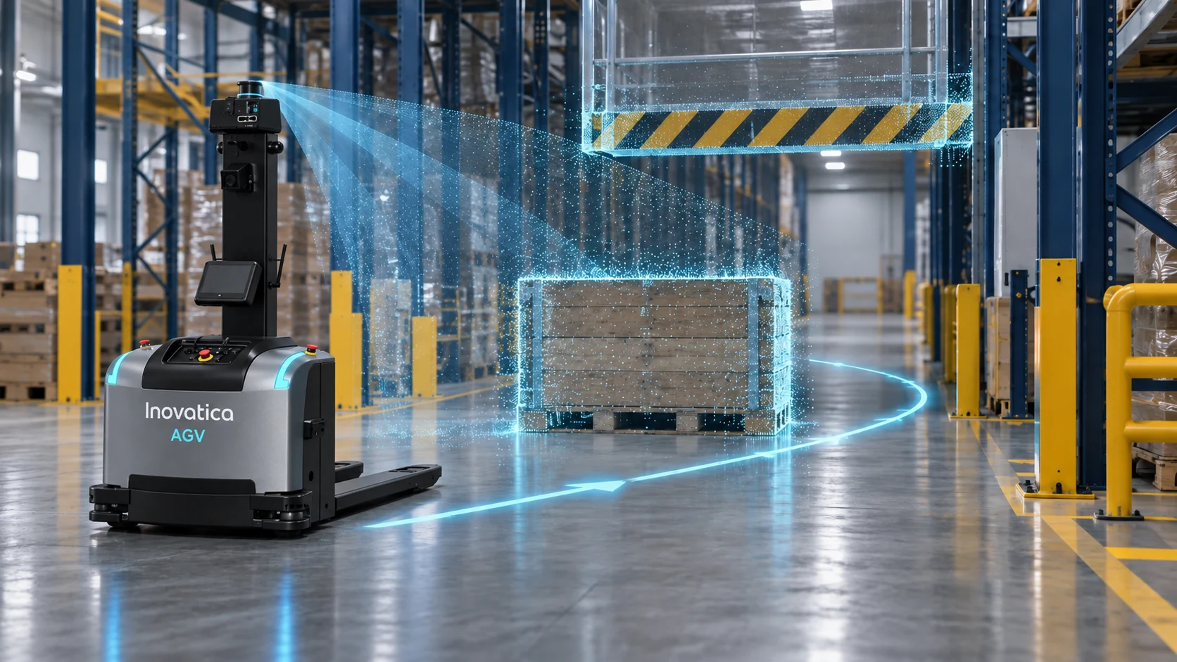 Wózek AGV wykrywa kamerą 3D paletę i obniżoną przeszkodę oraz wyznacza objazd
