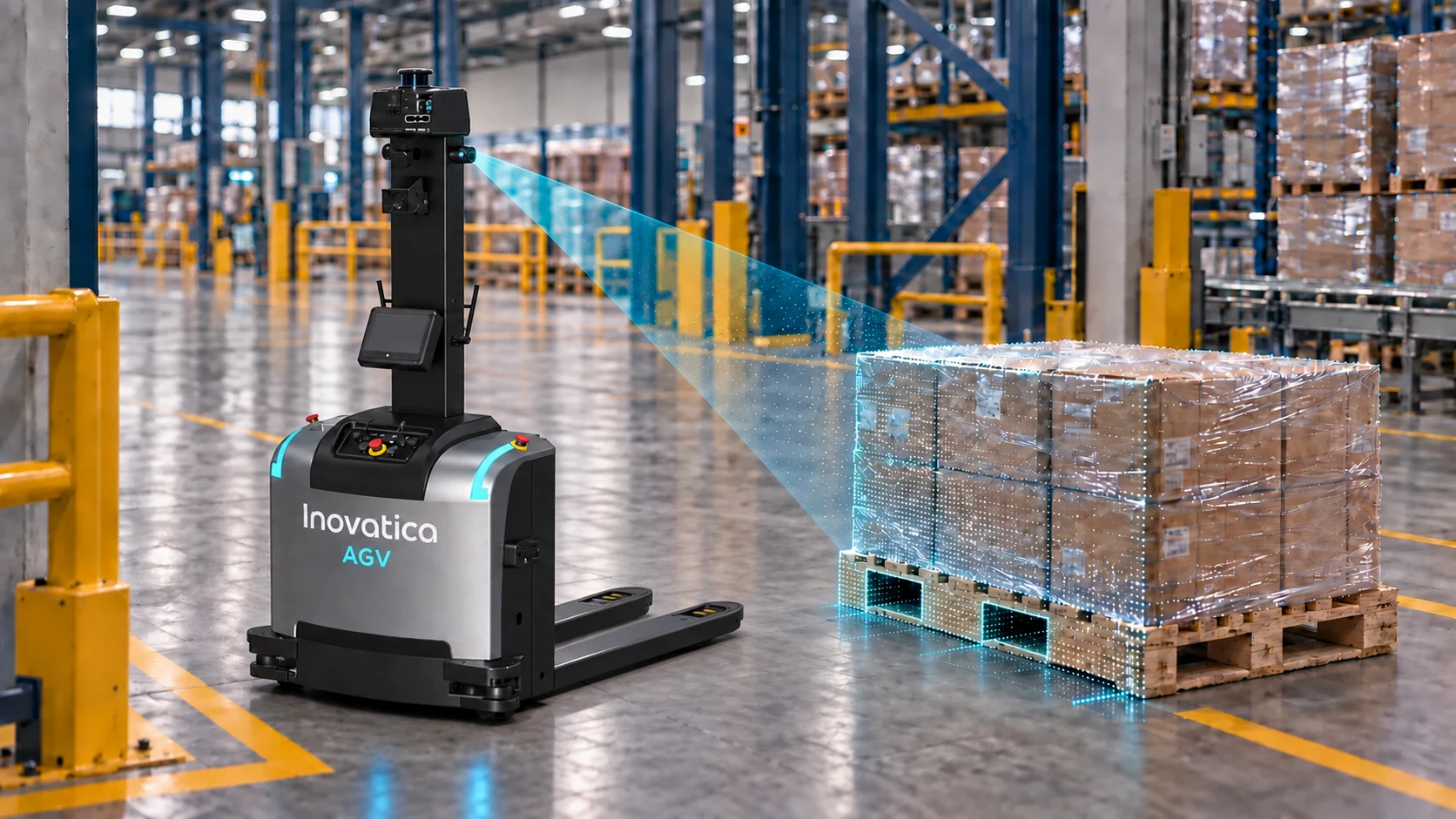 Wózek AGV skanuje kamerą 3D paletę i rozpoznaje jej pozycję przed pobraniem