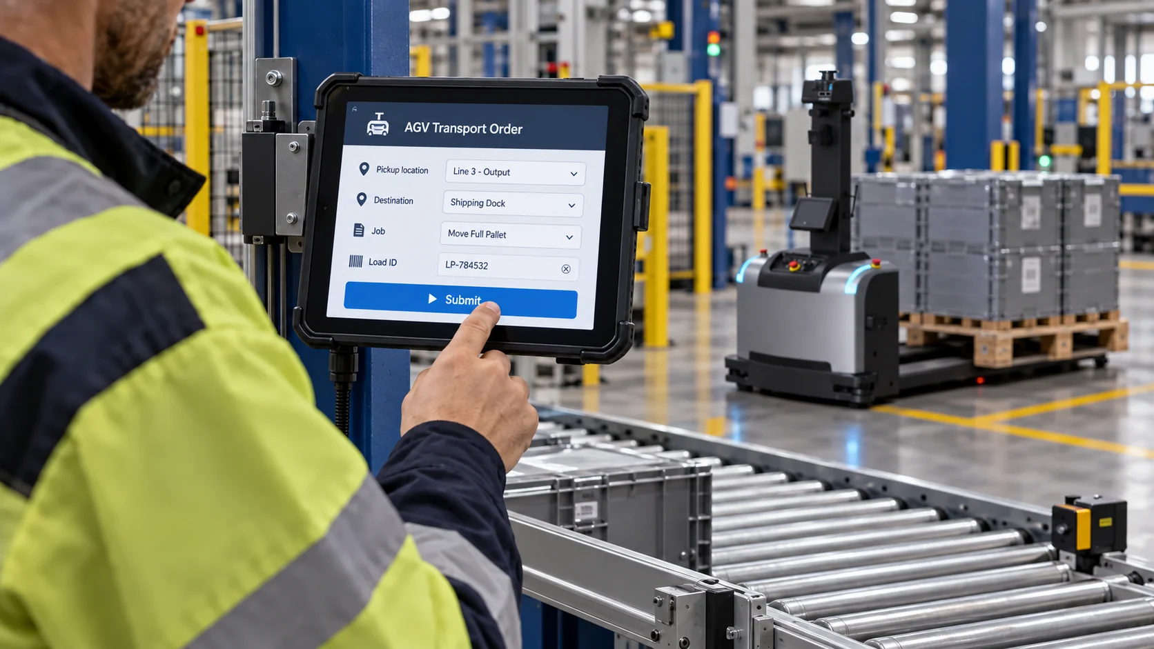 Operator submits an AGV transport order on a tablet mounted to a production-line column